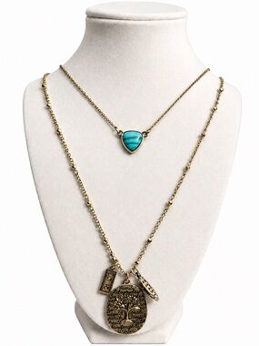 BANSRI Layered Gold Charm Necklace Tree of Life Pendant Boho Adjustable NWOT